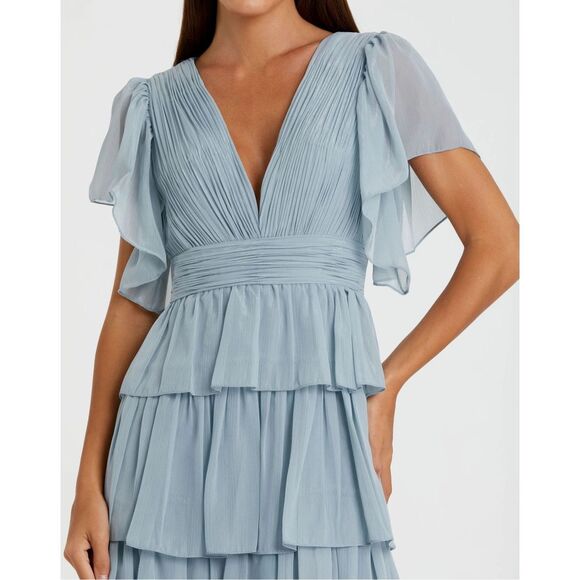 Mac Duggal NWT Flutter Sleeve Ruffle Tiered Gown in Slate Blue Size 8 - Picture 3 of 8